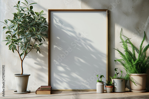 Wooden Poster Frame Mockup with Elegance in Every Detail Wall Decor with Vase and Plant Elegance in Every Detail Wall Decor with Vase and Leaves Stylish Wooden Frame and Botanical Accents