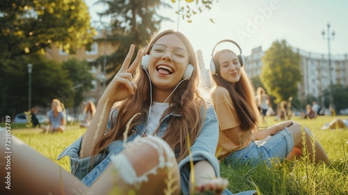 A cheerful girl making peace sign and sticking out tongue while her sibling dozes off wearing headphones, both sitting outdoors in a park on the grass taking a break. © ckybe