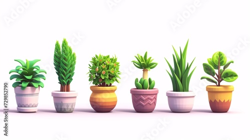 Set of cartoon icons featuring 3d illustrations of potted plant shoots, houseplants, trees, and grass.