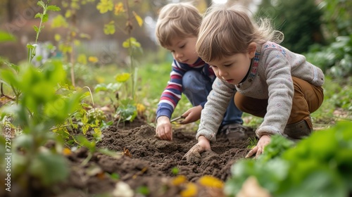 Little children toddlers kids gardening, planting trees