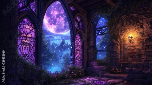 A magical window scene in a fairy-tale castle tower, stained glass windows casting kaleidoscopic patterns of light and color onto the stone walls, a glimpse of a mystical forest bathed in moonlight ou