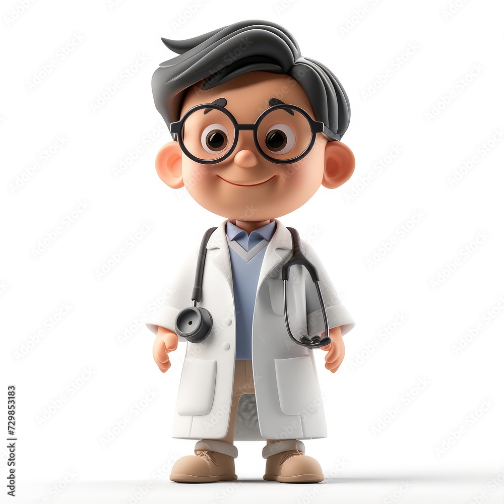 3D Cartoon Physician Standing on White Background