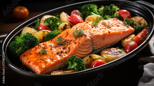 A snack of roasted salmon steak and veggies is seen from on high against a dark backdrop.