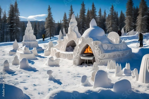 winter clothes with hut roof filled with snow and scary green sky in the night  with snow man man cooking food in snow with burning fire 
cheerios hanging on the branch filled with snow abstract backs