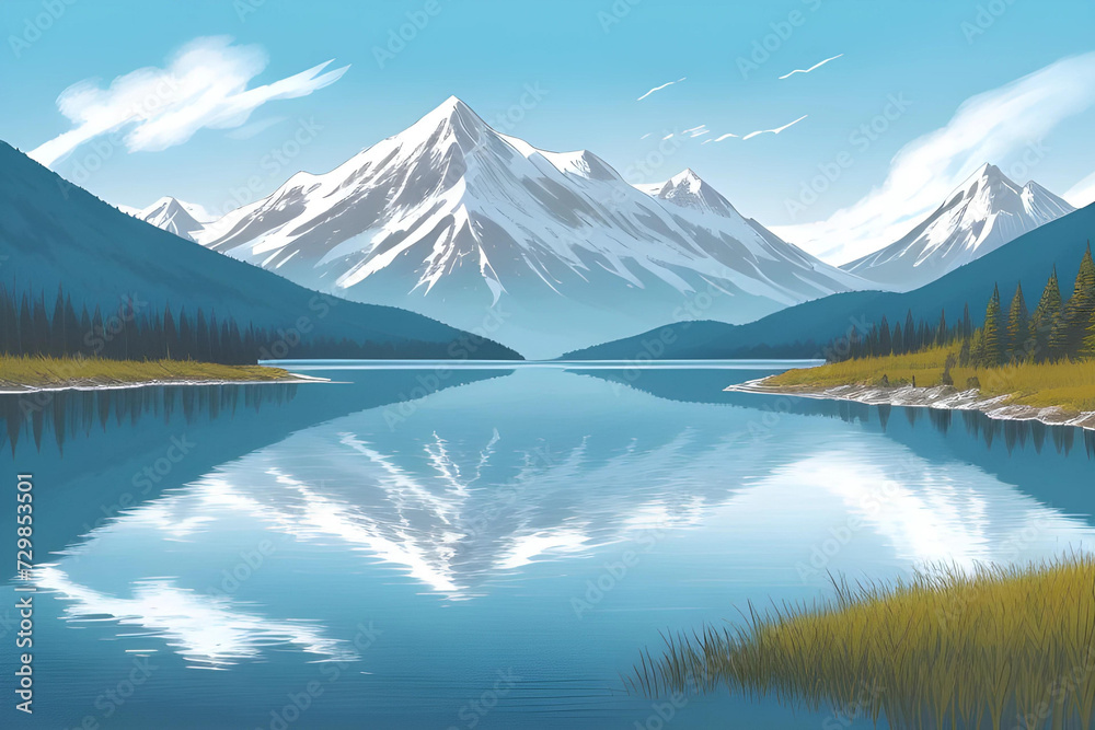 A peaceful mountain lake reflecting the surrounding peaks.