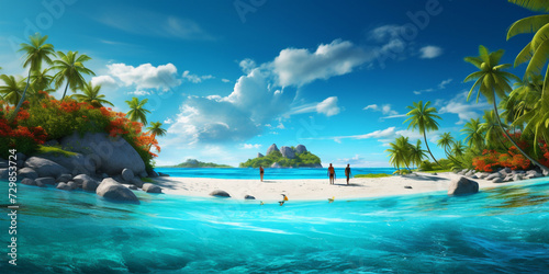 Beautiful tropical island with palm trees and beach panorama as background .