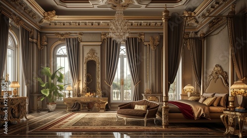A luxurious master bedroom suite with a plush velvet sofa positioned at the foot of an ornately carved four-poster bed, opulent silk drapes framing floor-to-ceiling windows © usama