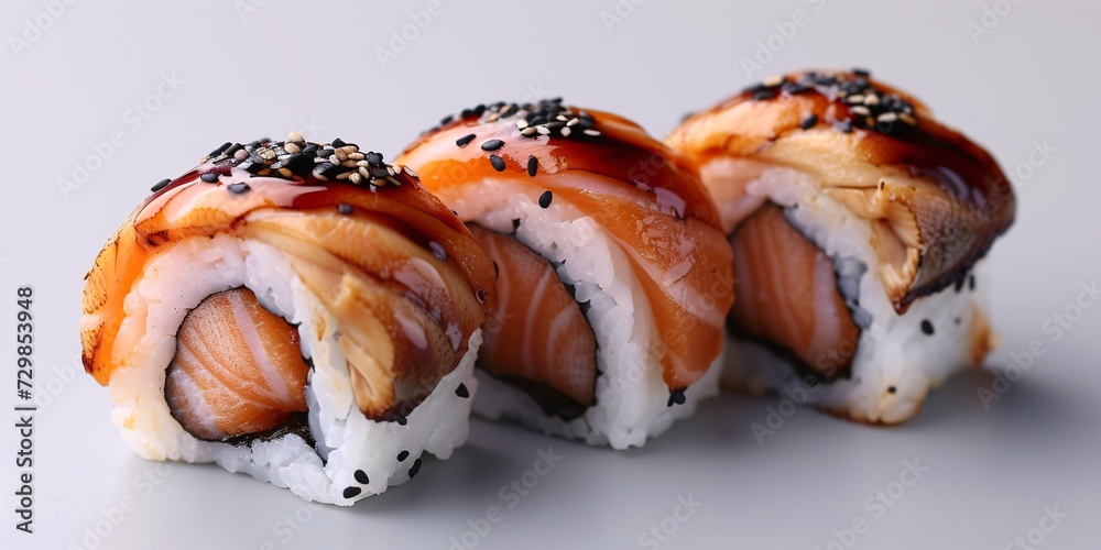 A combination of eel, salmon and California rolls. A combination of eel, salmon and California rolls.
