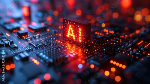 Glowing Microchip on a Circuit Board