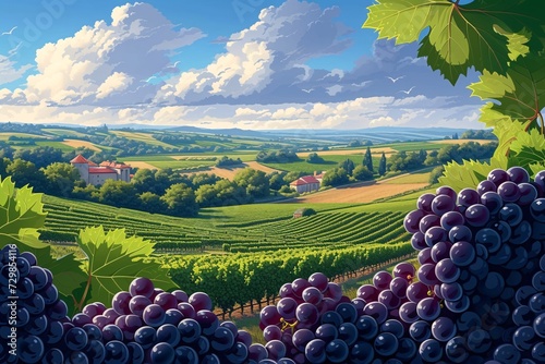 Burgundy vineyard in France, wine sampling, renowned grapes vector design, depiction of Bordeaux landscape, tranquil natural winery, delectable French wines, cabernet red wine grape harvest.