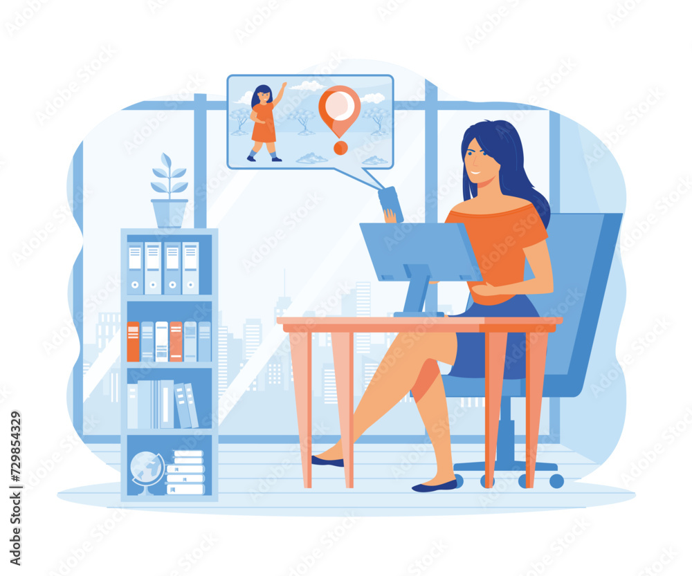 Parental control app. Mom in the office checks her daughters location using smart phone. flat vector modern illustration 