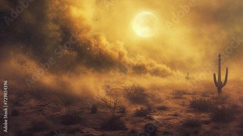 A harsh desert environment during a sandstorm, swirling clouds of dust obscuring the sun, visibility reduced to mere meters, cacti and tumbleweeds bending under the force of the wind photo
