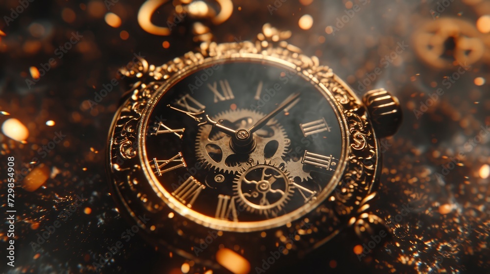 Temporal Enigma, An Unknown Time Unveiled in the Darkness, Featuring a Dark Background, Metallic Texture, and an Array of Complex Gears and Pointers.