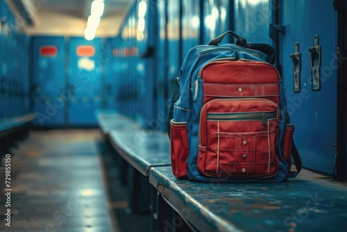 School bag in a room of school. photo for advertising. Generative AI