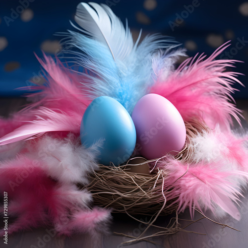 Blue and pink Easter Eggs with blue and pink feathers in a nest 
