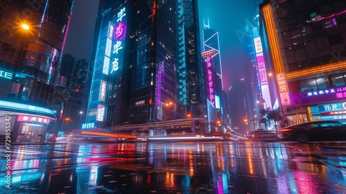 A bustling cityscape at night, skyscrapers towering above with neon lights illuminating the streets below, cars rushing by in streaks of color, reflections shimmering on rain-slicked pavement
