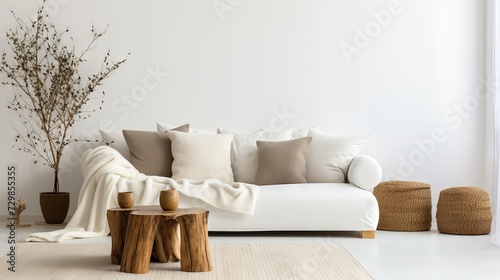 Minimalist living room with tree stump coffee table and white sofa photo