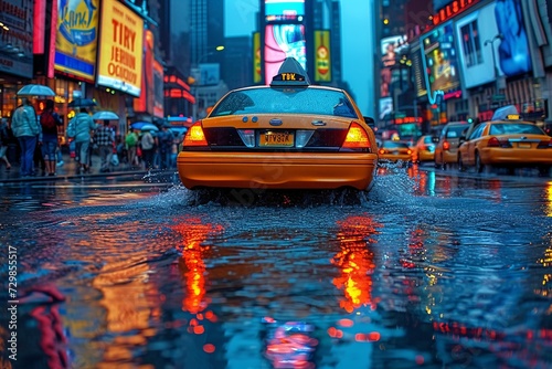 NYC Taxi Ride in the Rain A Trip Through the City's Neon Lights Generative AI © riya