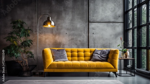 Modern living room with mustard sofa and concrete wall in loft apartment