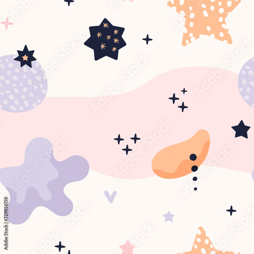 Bohemian baby pattern. Seamless baby pattern in boho style. Bohemian pattern for kids with organic shapes and stars on white background.