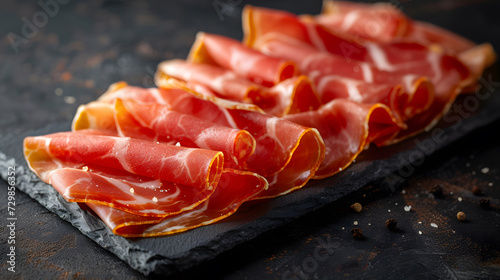 Thinly sliced prosciutto arranged elegantly on a slate serving board, highlighted by a dark textured background. Sliced jamon on a dark background. Selective focus. generate ai
