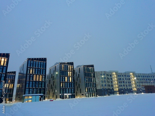 Moscow, Russia - Febrary 4, 2022: Skolkovo innovation center is a modern scientific and technological innovation complex. Russian silicon valley. Residential quarters of Skolkovo residents. 