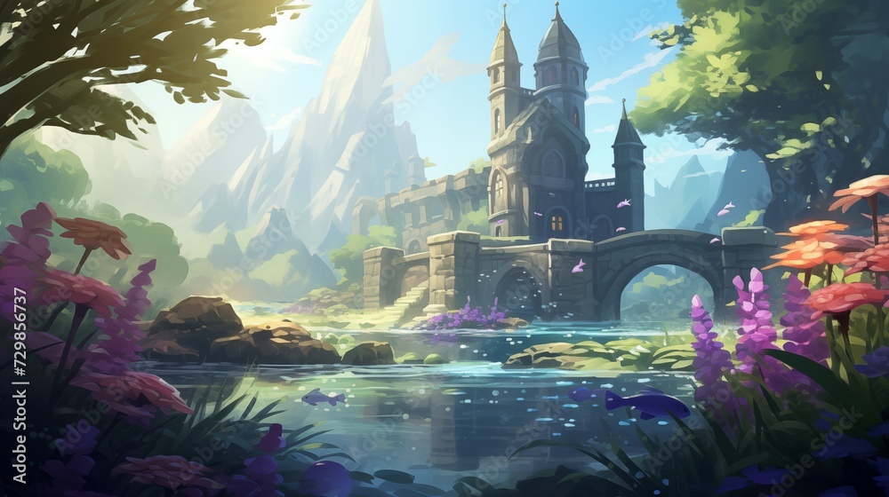 a fantasy castle in the middle of a forest, surrounded by water