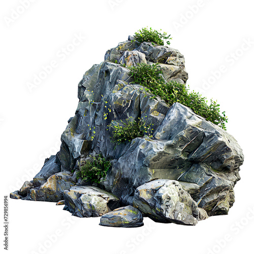 Floating rocky island adorned with lush green moss and shrubs, isolated on a white background
