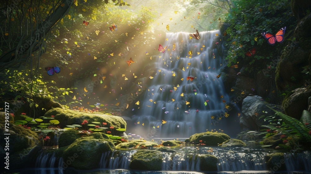 A serene waterfall hidden deep within a mystical forest, sunlight filtering through the canopy, illuminating the cascading water in a soft glow, colorful butterflies fluttering around