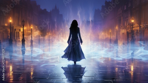 a girl is walking down the street at night with a glowing presence