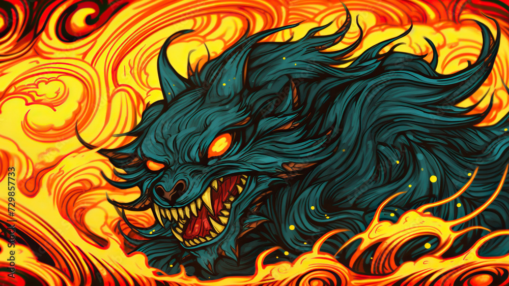 a green wolf on a fire background