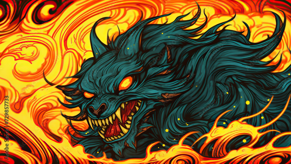 a green wolf on a fire background a green wolf on a fire background