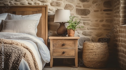 Farmhouse-style bedroom with wood cabinet, beige blanket, and beam ceiling