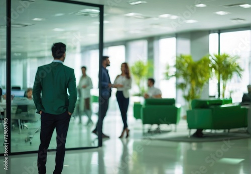 Modern Business Office Corridor with Colleagues in Blurred Suits in Office