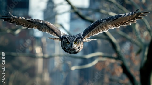 Urban Aviator, A Majestic Owl Soaring Between City Buildings, Mastering the Skies in an Urban Setting.