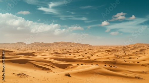 A vast desert expanse stretching to the horizon, sand dunes sculpted by the wind, rippling in shades of gold and ochre, sparse vegetation clinging to life, a solitary camel caravan traversing the barr © usama