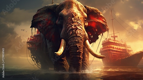 a large elephant standing in water that is near a ship