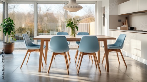 Modern Scandinavian dining room with wooden table and blue chairs