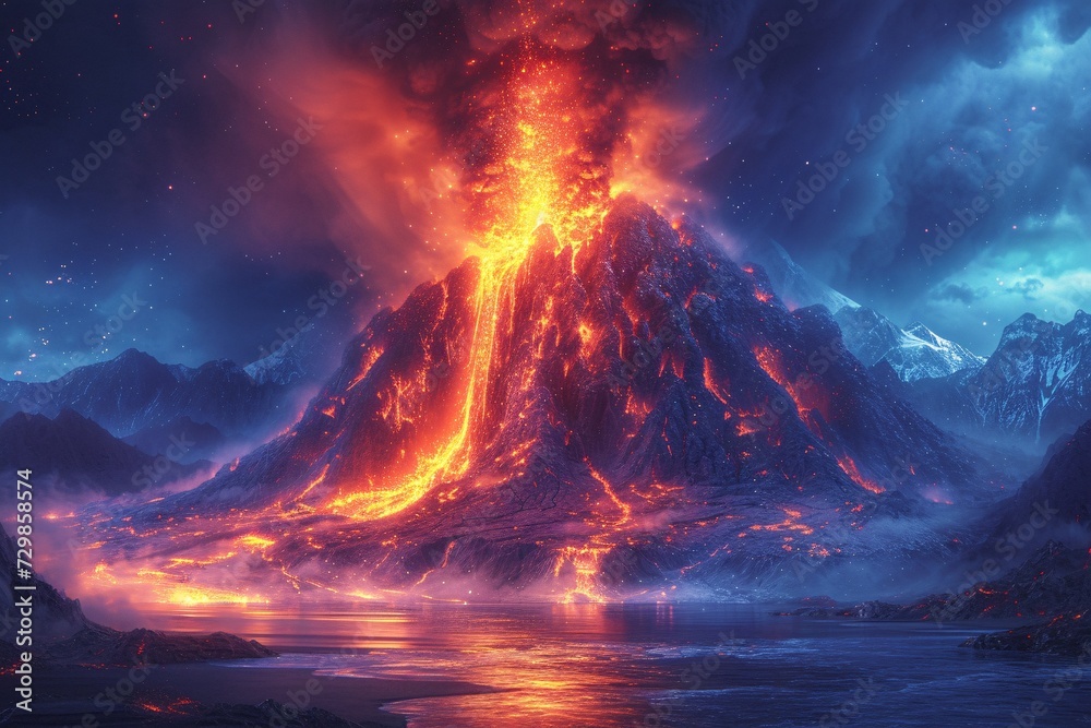 Volcano Eruption in the Desert A Stunning View of the Lava Flow Generative AI
