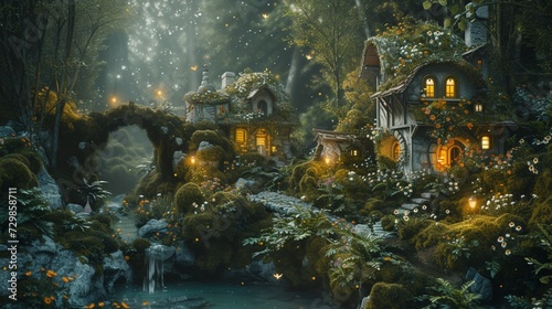 A whimsical fairy garden hidden away in a secluded corner, miniature houses and bridges nestled among moss-covered rocks and ferns, tiny flowers blooming in every nook and cranny