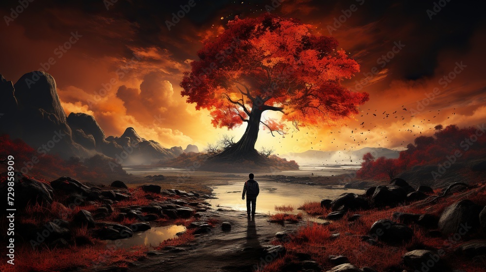a man standing alone near an orange tree - obrazy, fototapety, plakaty 