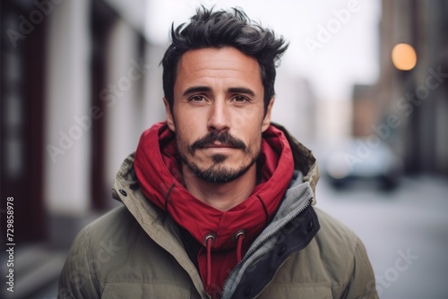 Portrait of a handsome young man with beard and mustache in the city