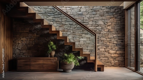 Rustic and cozy hallway with wooden staircase and stone wall. Modern home interior design with entrance door.