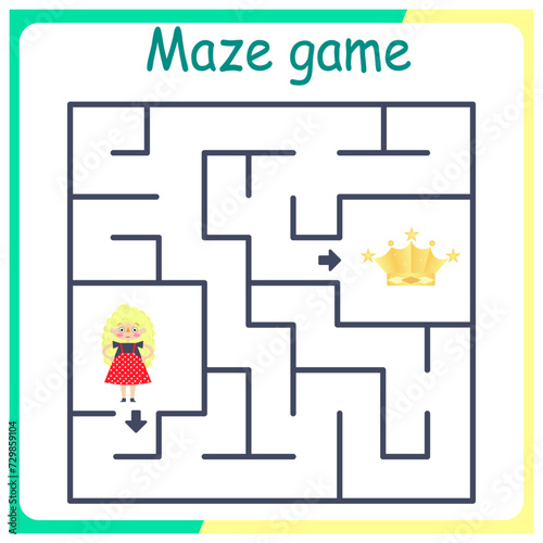 Children's logic game on passing the labyrinth. Educational game for children. Attention task. Choose the right path. Funny cartoon character. GIRL AND CROWN
