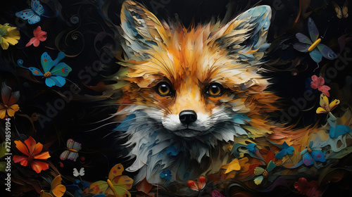 a painting of a red fox with butterflies and other florals