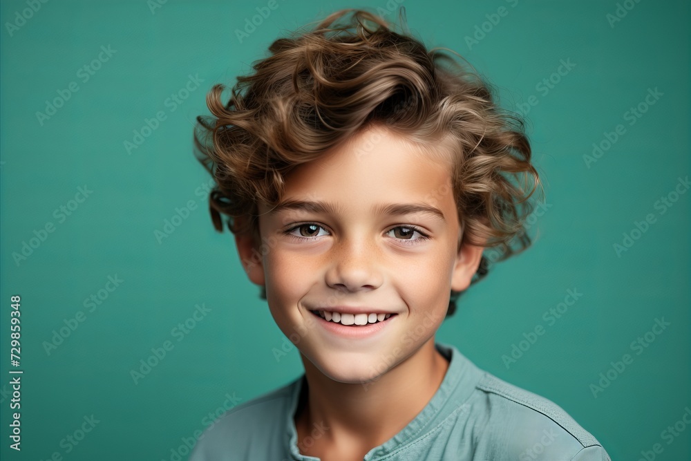 Portrait of a smiling little boy with curly hair on a green background Portrait of a smiling little boy with curly hair on a green background