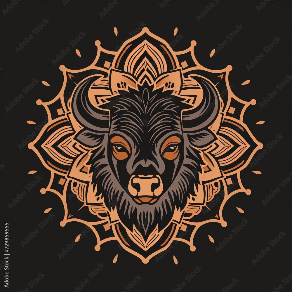 Flat logo bison Mandala style on a black background. Mandala style.
