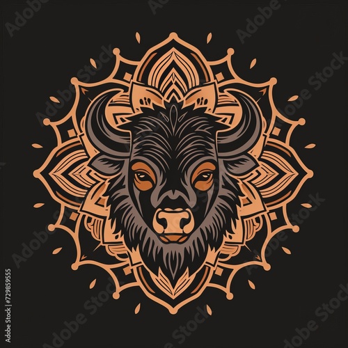 Flat logo bison Mandala style on a black background. Mandala style.