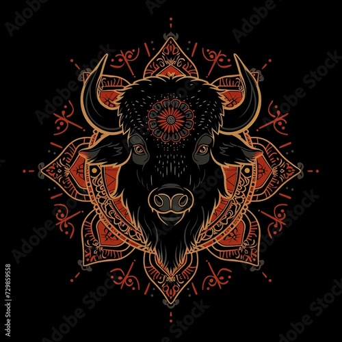 Flat logo bison Mandala style on a black background. Mandala style.
