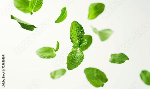 mint leaves float in the air in white background.